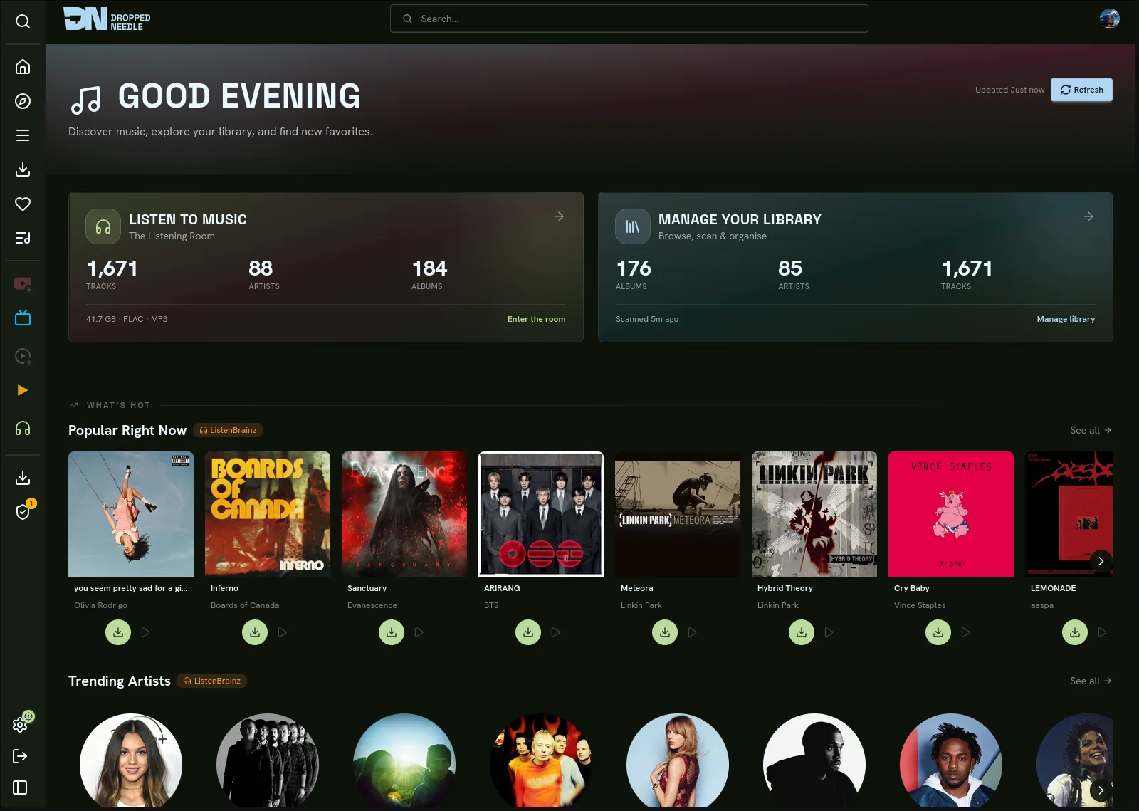 DroppedNeedle home dashboard